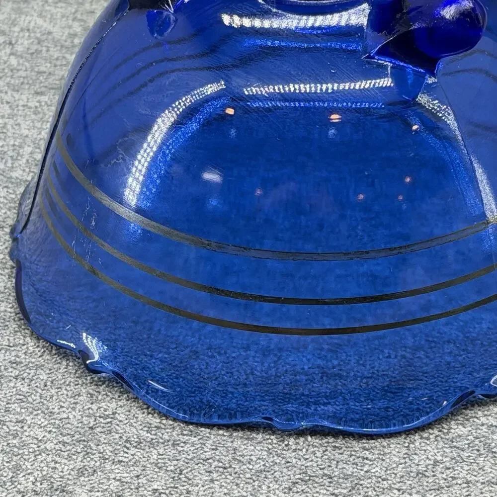 VTG Cobalt Blue Glass Candy Dish Bowl Mt Pleasant 3 Black Stripes 3 Toed READ